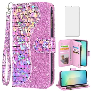 Imagem de Asuwish Capa de telefone para Samsung Galaxy A06 5G capa carteira com protetor de tela e alça de pulso de couro com glitter com zíper flip suporte para cartão de crédito suporte celular Ao6 A 06 4G