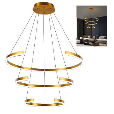 Imagem de Lustre Luminaria Arco 3 Aneis Pendente Led Perfil Dourado Ambiente Sala De Jantar Restaurante Casa