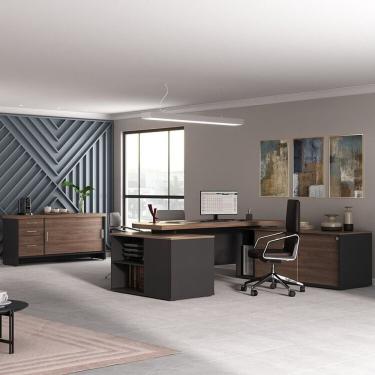 Imagem de Kit 2 Peças Com Mesa Presidente Em Tamburato E Balcão Organizador Com Gavetas Charuto Preto