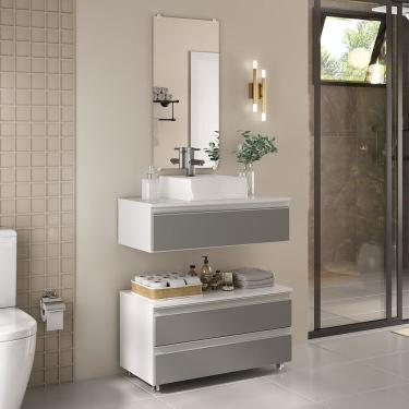 Imagem de Conjunto De Gabinete Banheiro Creta 80cm (gabinete+cuba+espelheira) Branco Cinza