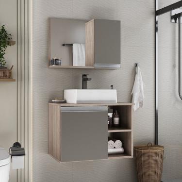 Imagem de Conjunto Gabinete Banheiro Virtus 60cm - Gabinete + Cuba + Espelheira Madeirado Cinza