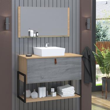 Imagem de Gabinete De Banheiro Vegas 1 Prateleira 1 Porta 80cm Freijó E Cinza Rovere - Cinza