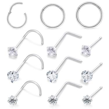 Imagem de Hnxnskt Anéis de nariz femininos de aço cirúrgico, piercing de nariz, hipoalergênico, anel de segmento articulado, saca-rolhas em forma de L, piercing de narina, zircônia cúbica, joia 18G 20G, Metal
