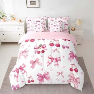 Imagem de Manfei Jogo de cama solteiro de 7 peças, laço fofo de cerejeira, gravata borboleta fúcsia em uma bolsa com edredom, lençol de cima e fronhas, decoração de quarto de princesas de crianças