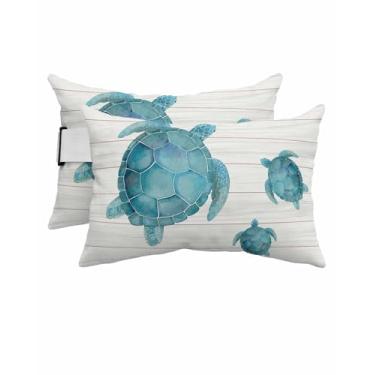 Imagem de Travesseiros de cabeça para ambientes externos Ocean Coastal Beach Teal Sea Turtle para cadeira reclinável, pacote com 2 fronhas impermeáveis com inserção e alça elástica, almofada rústica de madeira