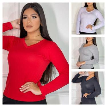 Imagem de Kit 4 Blusas de frio Feminina Gola V Manga Longa Segunda Pele - GK, Ve