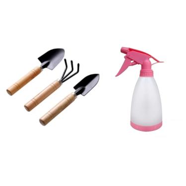 Imagem de Conjunto de Ferramentas de Jardinagem com 3 P�s e Borrifador, Cabo de Madeira, Preto e Rosa