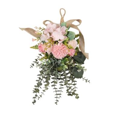 Imagem de MotiveTech Guirlanda floral de eucalipto e crisântemo com guirlanda de porta de entrada, de flores em forma de lágrima para lareira, apartamento e férias, Rosa