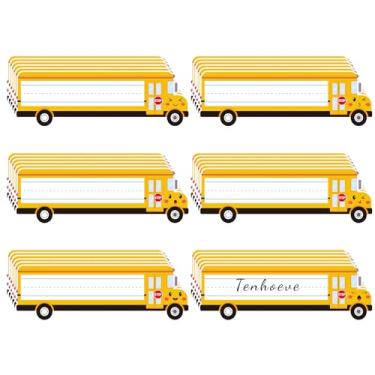 Imagem de 36 etiquetas de nome de sala de aula para mesa, placas de nome autoadesivas para mesas de estudantes, etiquetas de mesa com design de sorriso de ônibus escolar para jardim de infância e pré-escola