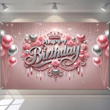 Imagem de HOMETITUTE Faixa de fundo de feliz aniversário, elegante, rosa e prata, pano de fundo de feliz aniversário com coroa e balões 203 x 152 cm, faixa decorativa de festa para aniversários, suprimentos de