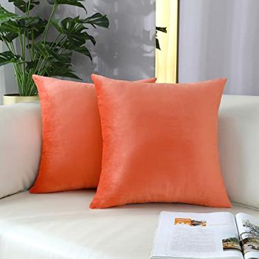 Imagem de mixeoo Capas de almofada confortáveis de pêssego coral decorativas quadradas sólidas de veludo super macias decoração de casa para sofá sofá, conjunto de 2, 35 x 35 cm