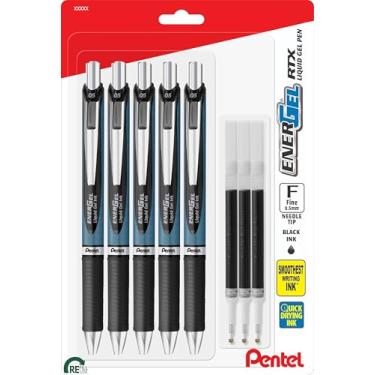 Imagem de Pentel Energel Canetas de ponta de agulha de 0,5 mm – Conjunto de canetas de gel líquido retráteis Energel RTX – Pacote com 5 canetas pretas e 3 refis