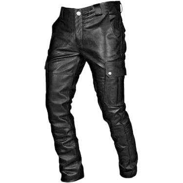 Imagem de Calças De Couro Para Homens Jeans De Couro Calças Jeans De Motociclista Calças De Couro Genuíno Para Motociclista Calças De Motociclista Cintura Média Gótico Calças De, Black, M