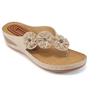 Imagem de Sandália anabela casual feminina confortável com bico de flor e clipe de dedo para o verão, sandálias de praia modernas, sapatos sociais boêmios, Bege, 9