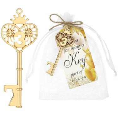 Imagem de 24 peças abridor de garrafa chave dourada 3 anos de idade, lembrancinhas de festa de aniversário, abridor de garrafa de cerveja chave lembrancinhas de aniversário lembranças de aniversário presentes