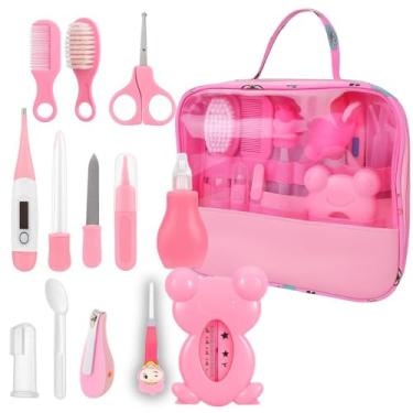 Imagem de Kit com 13 Peças de Higiene para Bebê, Cuidados Essenciais, Kit Completo, Cor Rosa, com Necessaire Infantil