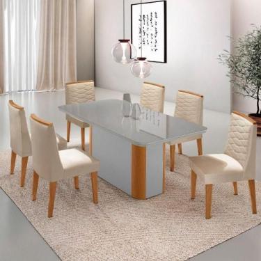 Imagem de Mesa De Jantar Isadora 180cm Tampo Mdf Vidro Com 6 Cadeiras Veludo Cre