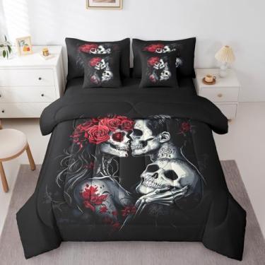 Imagem de Erosebridal Conjunto de edredom Queen para Dia dos Namorados, 7 peças, cama vintage com ossos de esqueleto rosa em uma bolsa, colcha gótica assustadora para casal com lençol de cima