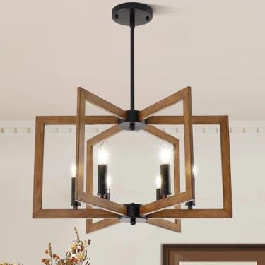 Imagem de UnicozoHome Lustre De Fazenda, Lustre Geométrico Moderno De 6 Luzes Para Sala De Jantar, Luminárias Rústicas Para Hall De Entrada, Luminárias Pendentes Com Textura De Madeira Para Sala De Estar, Sal