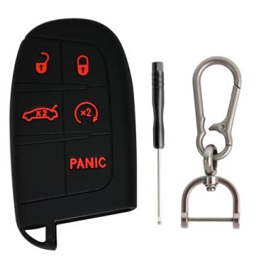 Imagem de Capa de silicone para chaveiro, capa de proteção de chave remota com 5 botões para Dodge Charger Challenger Dart Durango Journey (1 capa preta para chaveiro e 1 chaveiro)