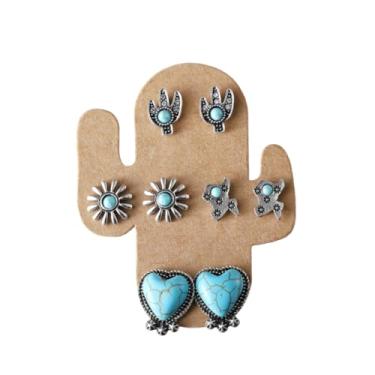 Imagem de Conjunto de brincos femininos turquesa ocidental, cabeça de gado, turquesa, chapéu de vaqueira, concho, ferradura, brincos vintage retrô, estilo faroeste, acessórios de joias de vaqueira, boêmio, Y2K