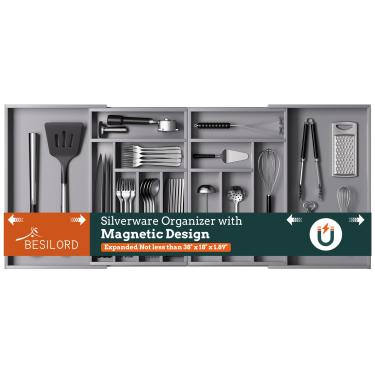 Imagem de Organizador de utensílios de cozinha de bambu, 13 compartimentos, cinza