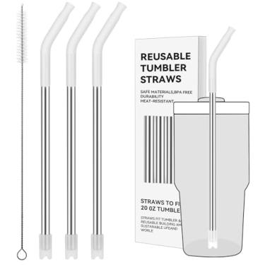 Imagem de Prurex Canudos de metal reutilizáveis com ponta de silicone para Stanley 590 ml, canudos de aço inoxidável para copo de 590 ml, 3 tubos retos e 6 pontas e 1 escova Cleanr (transparente)