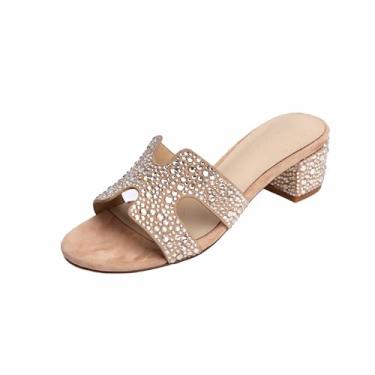 Imagem de XOBZJH Sandálias femininas de salto bloco preto de strass para noite 2025, sandálias de cristal de luxo de designer para festa de casamento, Champanhe dourado, 35