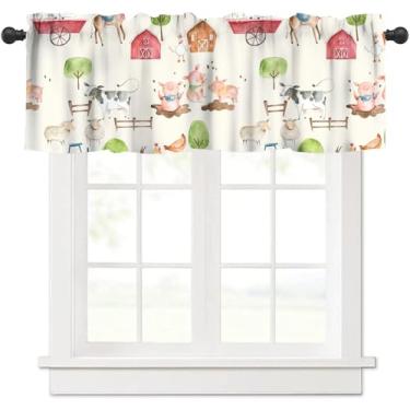 Imagem de Cortina de desenho animado de fazenda, linda aquarela fazenda animal vaca porco ovelha cavalo galinha impressão blackout tratamento de janela drapeado para quarto de crianças e banheiro, 137 x 45 cm