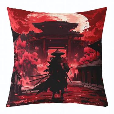 Imagem de jejeloiu Capas de almofada Samurai Japonês 50 x 50 cm Kids Warrior Sun Square Conjunto de 1 fronhas para meninos meninas adolescentes Bushido vermelho flores de cerejeira pintura a tinta fronhas