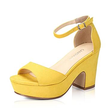 Imagem de Sandálias femininas plataformas de camurça bico aberto tira no tornozelo moda vestido sexy bloco salto alto salto grosso, Veludo amarelo, 10