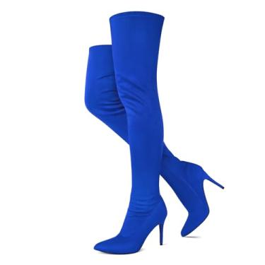 Imagem de Jiu du bota feminina sexy confortável acima do joelho cano alto stretch stiletto salto alto, Blue Velvet, 7.5