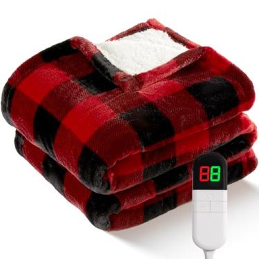 Imagem de Cobertor de Natal com aquecimento elétrico de 157,5 cm x 213,4 cm Sherpa Buffalo Plaid com 8 níveis de aquecimento e 8 horas de desligamento automático, cobertor lavável quente com aquecimento rápido