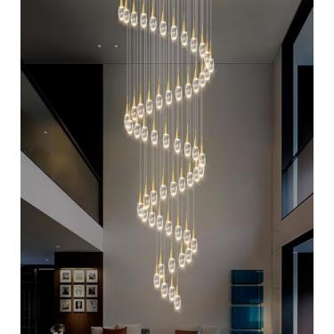 Imagem de Lustre moderno grande de 56 luzes de 20 metros de LED, luminárias de teto alto, para hall de entrada, luzes reguláveis com controle remoto para sala de estar, pingente de teto brilhante dourado