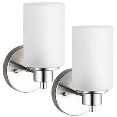 Imagem de DOXVIEZE Pacote com 2 arandelas de parede modernas e elegantes para banheiro, iluminação montada na parede, níquel escovado, branco, vidro fosco