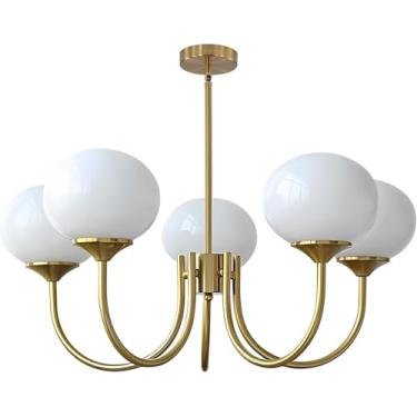 Imagem de BOKT Lustre de Globo de Vidro Branco Leite Contemporâneo de 5 Luzes Vintage Dourado Sputnik Lustre Ajustável Grande Moderno Bola de Latão Escovado Sputnik Pingente Pendurado Ilha Cozinha