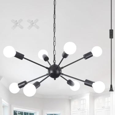 Imagem de Candelabro com plugue de 8 luzes Sputnik luminária de teto preta com cabo de plugue lustres Sputnik de 5 metros para sala de jantar, sala de estar, quarto, hall de entrada