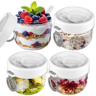 Imagem de mekueeex 4 Recipientes Para Aveia Noturna Com Tampa E Colher, Potes Plásticos De 20 Oz, Grande Capacidade, Herméticos, Iogurte, Leite, Frutas, Cereais, Salada