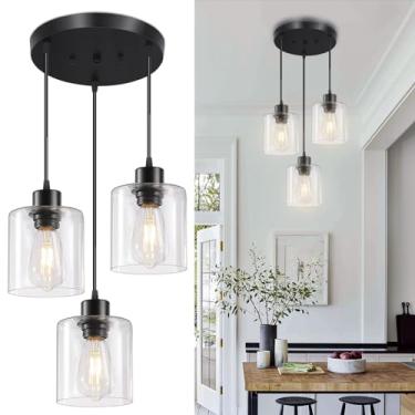 Imagem de ROCUNSI Luminária pendente de 3 luzes, luminária suspensa ilha de cozinha, iluminação pendente preta para cozinha, quarto, corredor, luminárias de sala de jantar, base E26, persiana de vidro
