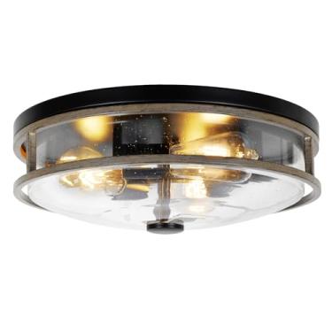 Imagem de Rosient Luminária de teto grande de 40,6 cm com vidro semeado, abajur de teto redondo de grão de madeira, iluminação de teto moderna para uso interno e externo para cozinha, sala de jantar, sala de