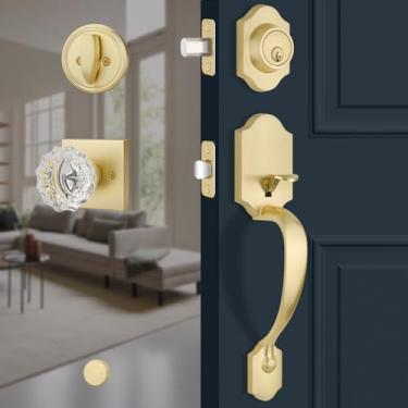 Imagem de EHOMEWARE Conjunto de fechadura de porta frontal dourada, maçaneta externa com fechadura de cilindro único, maçaneta de porta de entrada frontal resistente, maçaneta de porta de cristal moderna