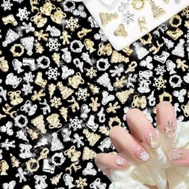 Imagem de 100 peças de pingentes de unhas de Natal e pedras preciosas, ouro prateado com tema de Natal, guirlanda de flocos de neve, luvas de alce de Papai Noel, joias de unhas de Natal para arte de unhas de