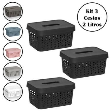 Imagem de Kit 3 Cestos Organizador Com Tampa 2 Litros Multiuso - Usual Utilidade