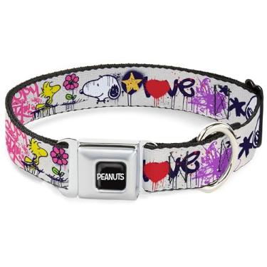 Imagem de Coleira para animais de estimação Peanuts Worldwide LLC, coleira de cachorro, fivela de cinto de segurança de metal, colagem de graffiti Peanuts Snoopy e Woodstock multicolorida, 33 a 43 cm de largura