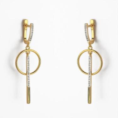 Imagem de Brinco Argola com círculo e Palito cravejado Banhado a Ouro 18k - Atra
