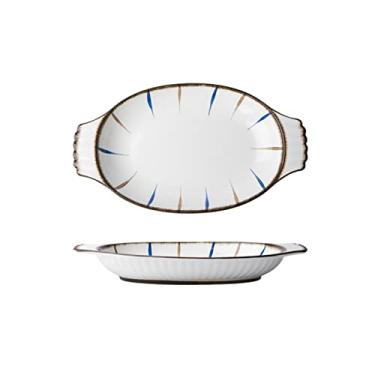 Imagem de Pratos de sobremesa prato de jantar de cerâmica oval chinês para casa grande porcelana dupla alça de orelha pratos de jantar 36,8 cm prato de peixe longo seguro para micro-ondas/lava-louças aperitivos