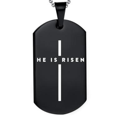 Imagem de DOMYUHAO He Is Risen Cross Jesus Easter Day Christmas Christians Dog Tag Colar Presentes para Homens Mulheres - Presentes de Pingente de Casamento Cristão Inoxidável Gravado Personalização