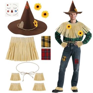 Imagem de Conjunto de 12 peças de acessórios de fantasia de espantalho, acessórios de espantalho de ráfia, chapéu de feltro, decalques de rosto, maquiagem, girassol, patchwork, para decoração de festa de