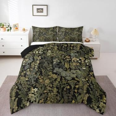 Imagem de Conjunto de edredom retrô botânico, tamanho casal, folhas verde-escuras, 3 peças, para decoração de quarto de crianças, adolescentes, adultos, samambaia tropical, acolchoado, edredom rústico, estilo