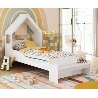 Imagem de Cama Infantil com Cabeceira Casinha e Banco Lola 100% Mdf Espresso Móveis Branco Brilho
